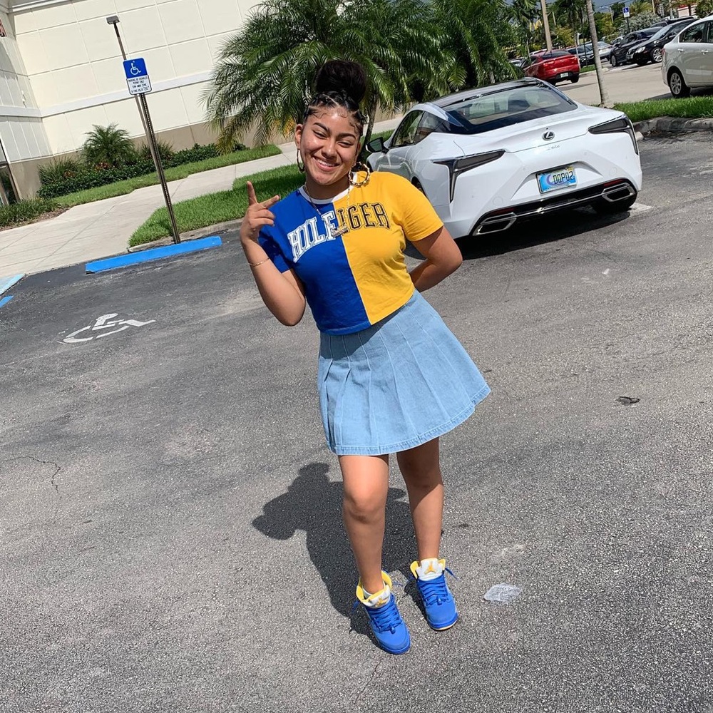 Denim skirt and Polaroid long sleeve shirt